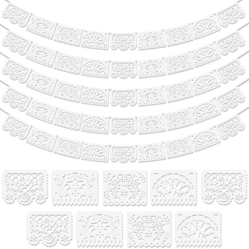 Asoulin 5 Pack White Papel Picado Banner  Plastic Mexican Party Banner Wedding Fiesta Party Decoration  Dia De Los Muertos  Day of The Dead Decor Supplies  Cinco De Mayo Mexico Decor - 4 Patterns/90Ft - Image 1